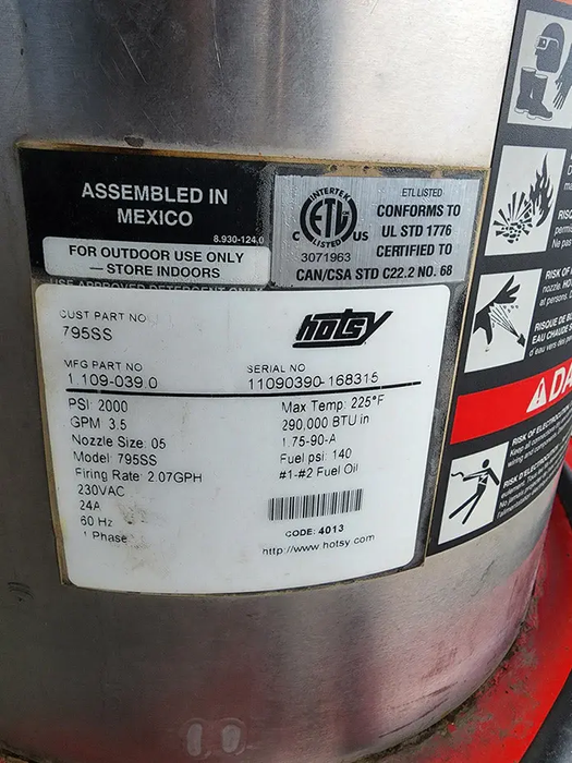 Used Hotsy Hot Water Pressure Washer #795SS Serial# 168315