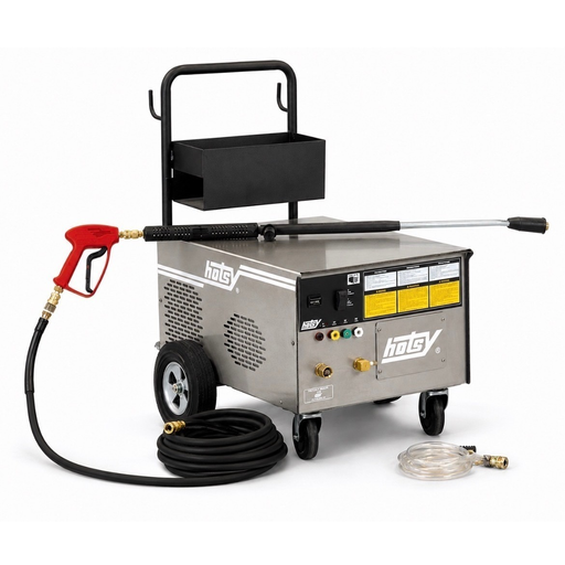 Hotsy electric cold-water pressure washer with a stainless-steel cabinet on a cart, spray gun, wand, high-pressure hose, and detergent tube.