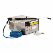Hotsy stationary electric cold-water pressure washer with a stainless-steel cabinet, spray gun, wand, high-pressure hose, and detergent tube.