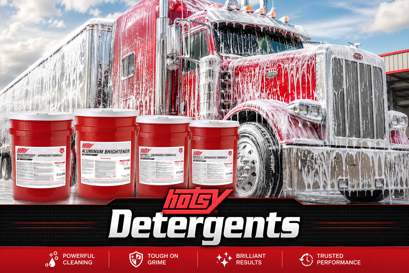 Hotsy Detergents promotional banner featuring four red Hotsy detergent buckets in front of a red semi truck covered in thick white foam, with a bold Hotsy Detergents header and cleaning performance icons.
