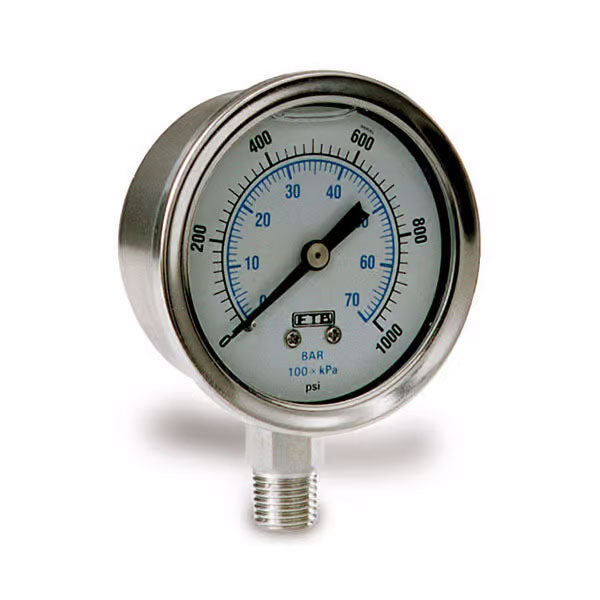 Stainless Steel Bottom Mount Pressure Gauge 1000 PSI Pressure Gauge, Stainless Steel